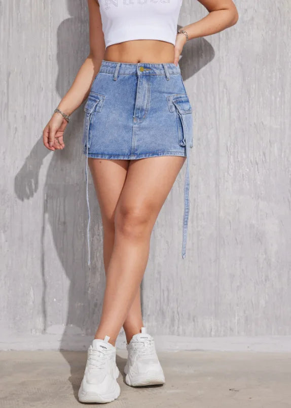 Denim Skirts for Women Distressed Washed Multiple Pockets Skinny Straight Above Knee Summer 2025 Female Streetwear Short Skirt