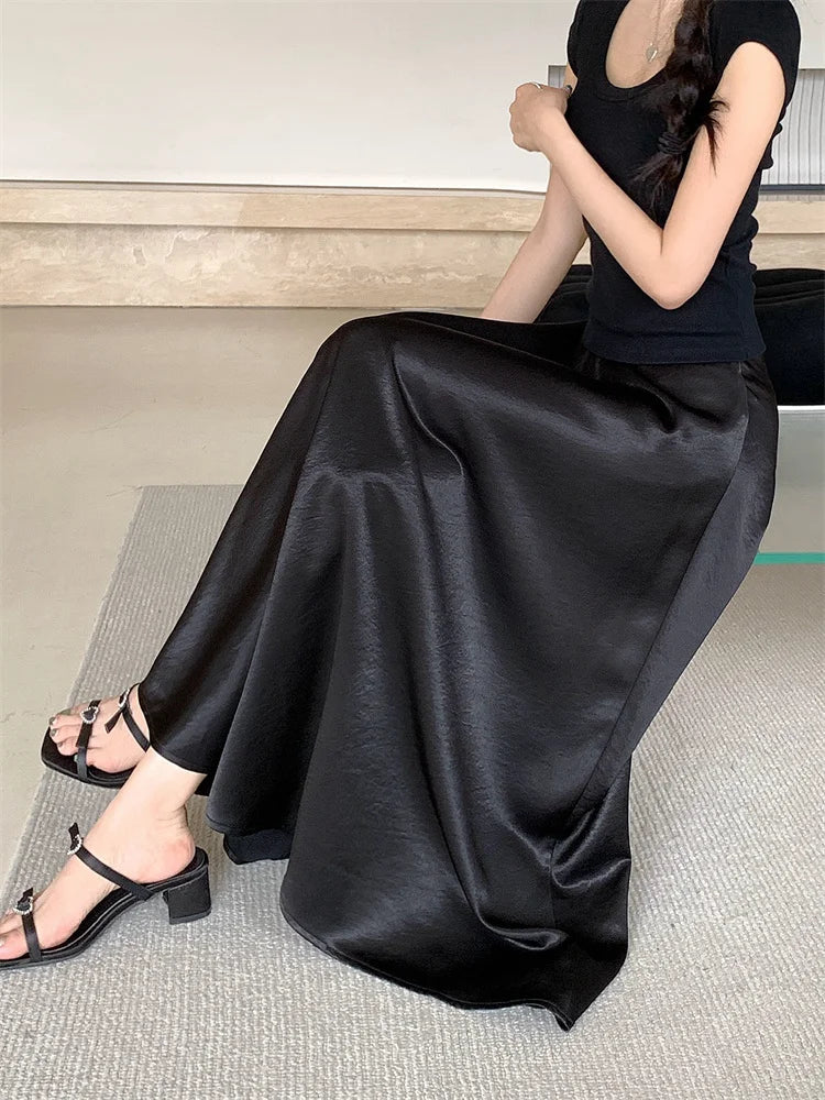 AOSSVIAO Satin Half-Body Skirt Female 2026 Spring New Korean Fashion Temperament Elegant Solid Casual A-line Skirts