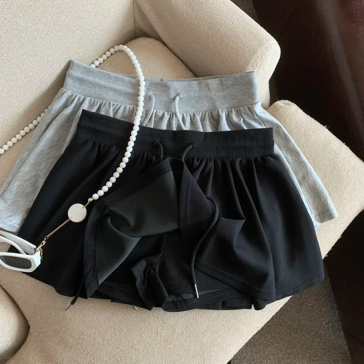 Summer Women Sports A Line Skirts for Women Summer High Waist Drawstring Solid Mini Skirts Female Sweet All Match Ballet Skirts