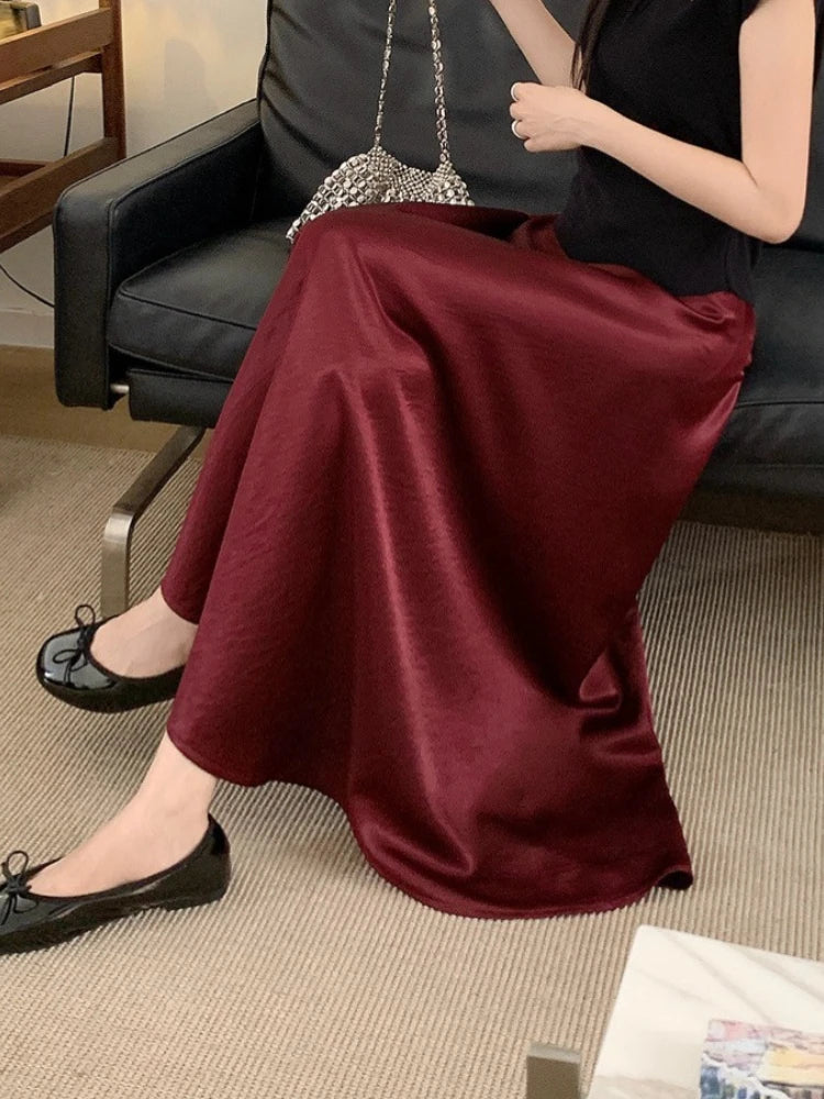 AOSSVIAO Satin Half-Body Skirt Female 2026 Spring New Korean Fashion Temperament Elegant Solid Casual A-line Skirts