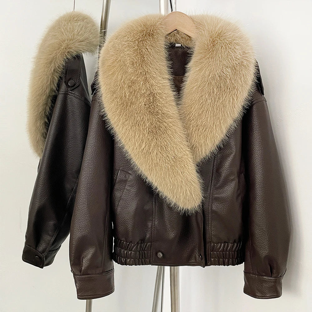 Fashion Removed Faux Fur Collar Causal Coat Faux Leather Jacket Grow Leather Jacket Women Loose Outwear Women's Bomber Jacket