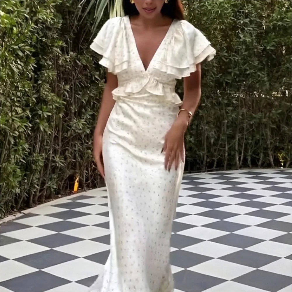 Fashionable Temperament  Elegant Ruffled V-neck Slim Waist-hugging Dress Floral Print Trendy V-link Low Cut Vestidos Vacation