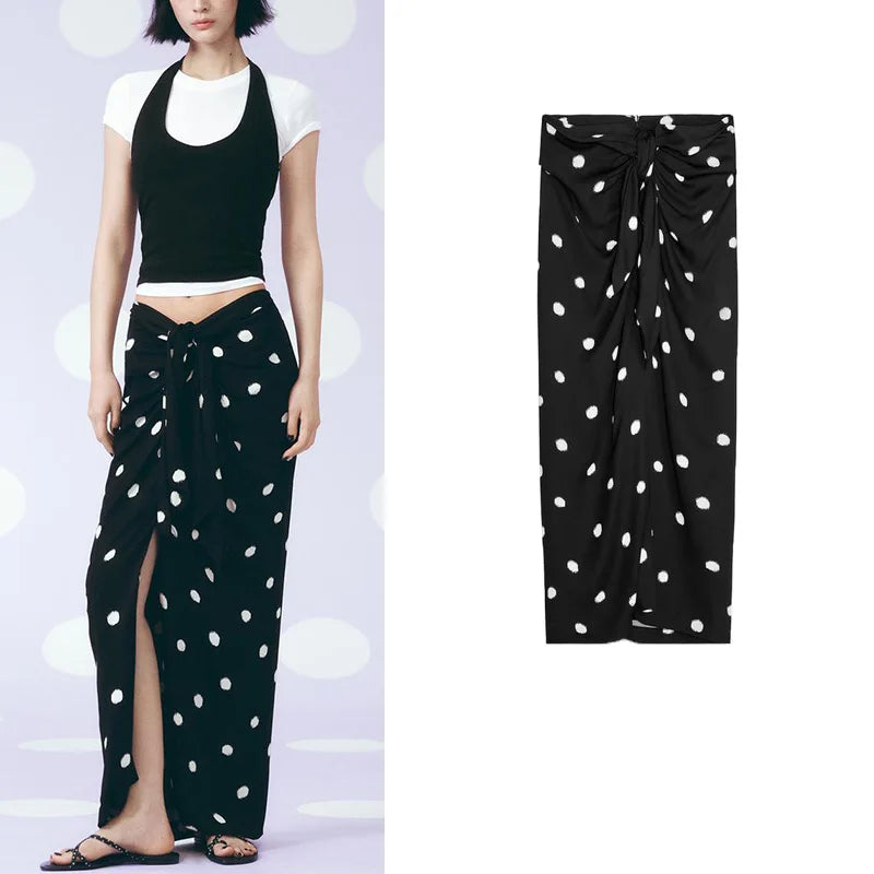 Summer Women's Midi Skirt Wrap Scarf Sle Asymmetric Hem Polka Dot Print High Waist A-Line Skirt Loose Fit Commute Sle