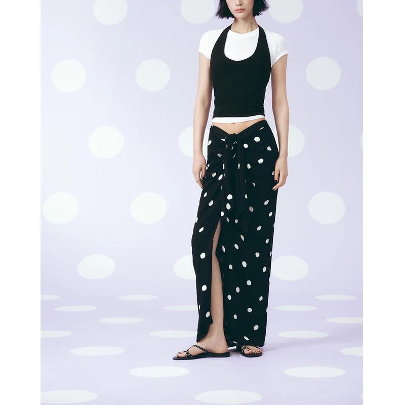 Summer Women's Midi Skirt Wrap Scarf Sle Asymmetric Hem Polka Dot Print High Waist A-Line Skirt Loose Fit Commute Sle