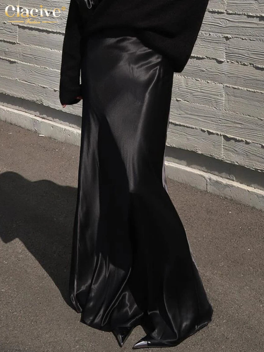Clacive Fashion Loose Black Satin Women's Skirt 2025 Casual High Waist Maxi Skrit Elegant Classic Solid Skirt Female Clothing