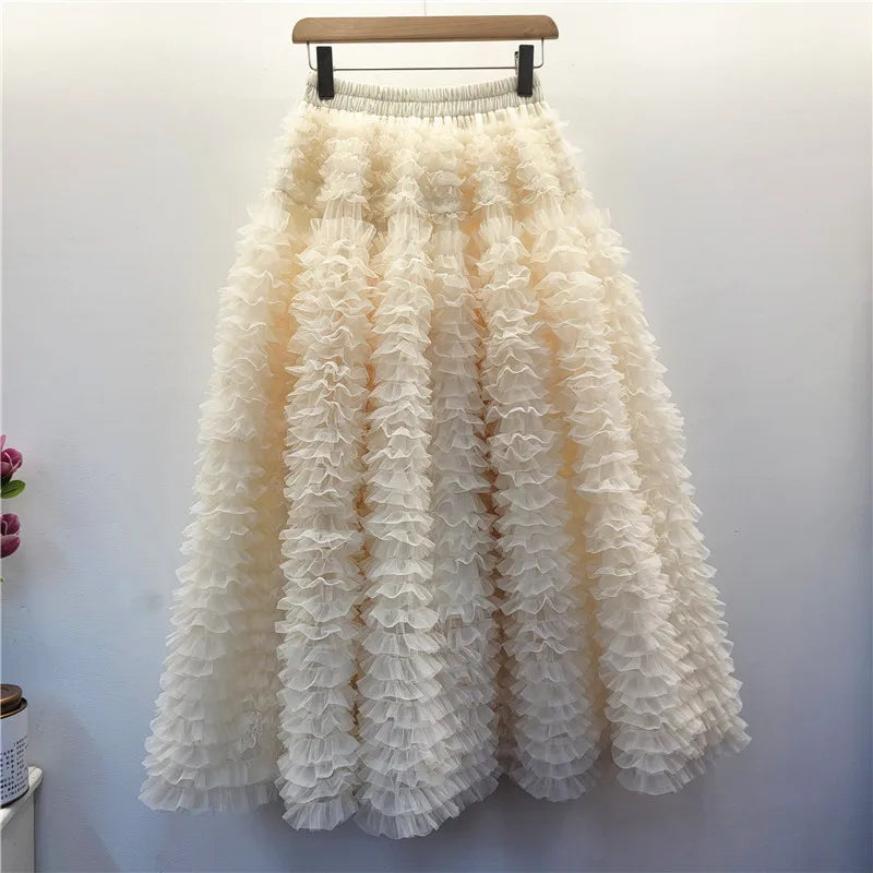 YEAE Summer New Sweet Girl Puffy Cake Skirt Women's Heavy Layer Mesh Design High Waist Kawaii Party A Line Mid-length Skirts