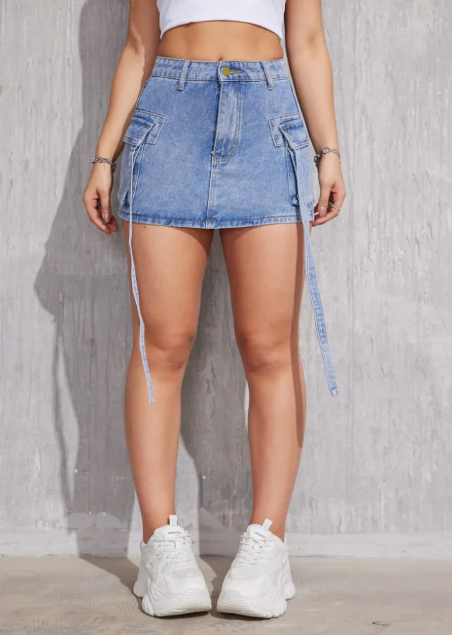 Denim Skirts for Women Distressed Washed Multiple Pockets Skinny Straight Above Knee Summer 2025 Female Streetwear Short Skirt