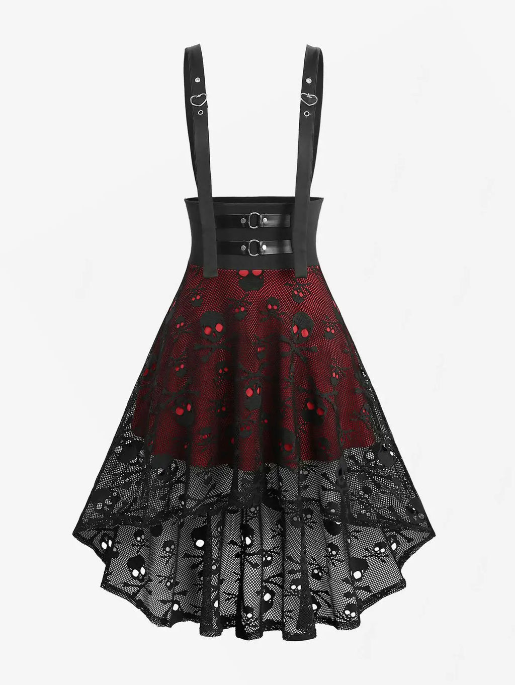 Women's Gothic Skirts New Trend Punk Skull Fishnet Overlay High Low Asymmetric Suspender Skirt