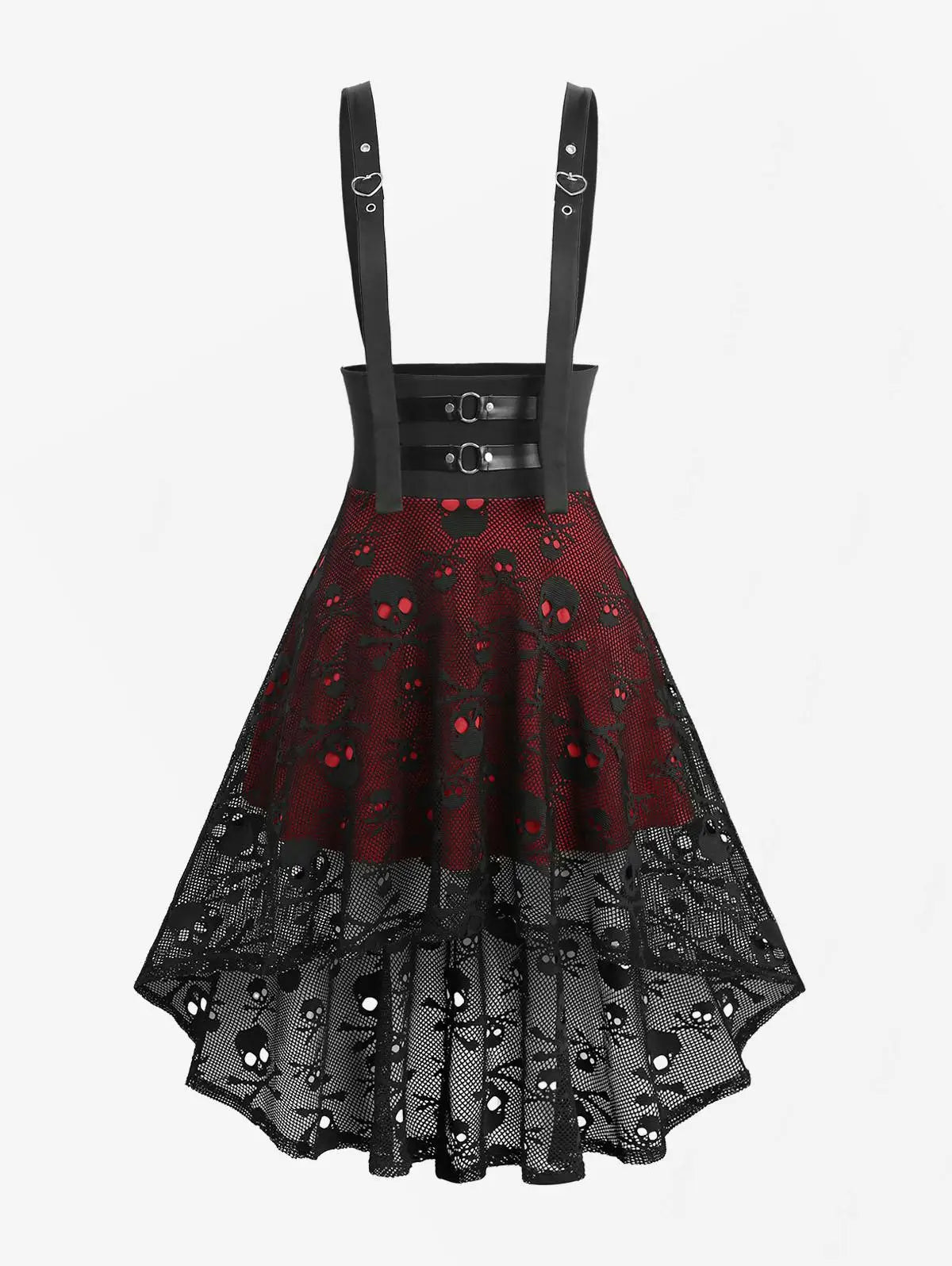 Women's Gothic Skirts New Trend Punk Skull Fishnet Overlay High Low Asymmetric Suspender Skirt