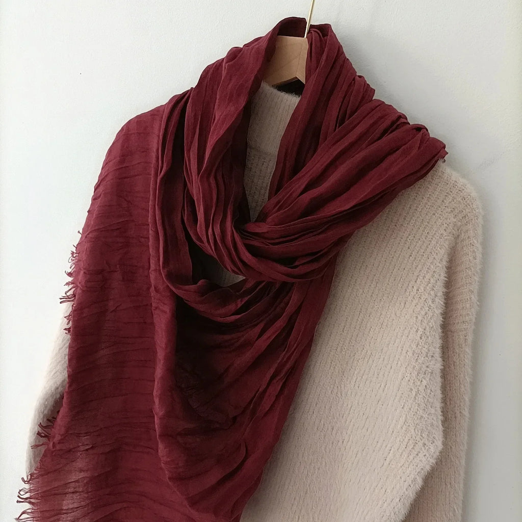 Scarf Women's Literary Texture Folds Long and Thin Rough Edge Simple and Versatile Korean Version Spring Autumn and Winter Shawl