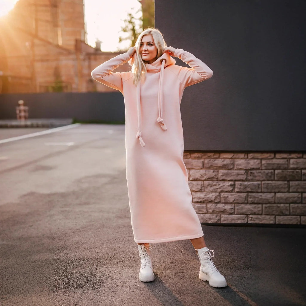 Women Fashion  New Loose Large Knitted Hooded Autumn Winter Long Dress Velvet Hoodie Dress Casual Dress Splicing Warm Dress
