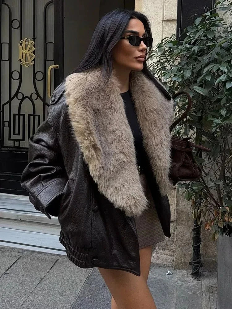 Fashion Removed Faux Fur Collar Causal Coat Faux Leather Jacket Grow Leather Jacket Women Loose Outwear Women's Bomber Jacket