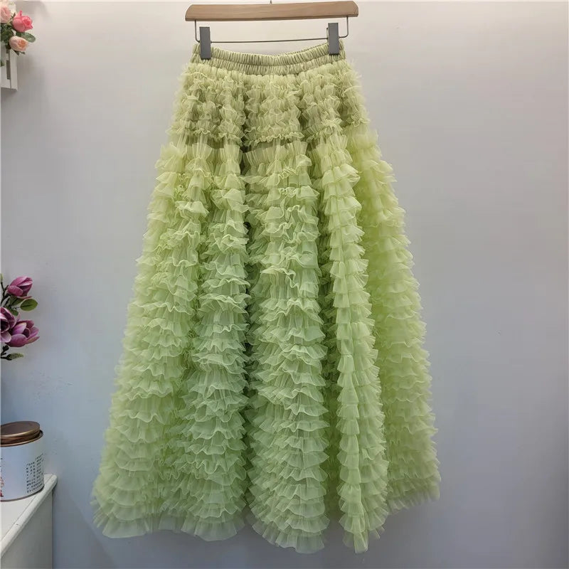 YEAE Summer New Sweet Girl Puffy Cake Skirt Women's Heavy Layer Mesh Design High Waist Kawaii Party A Line Mid-length Skirts
