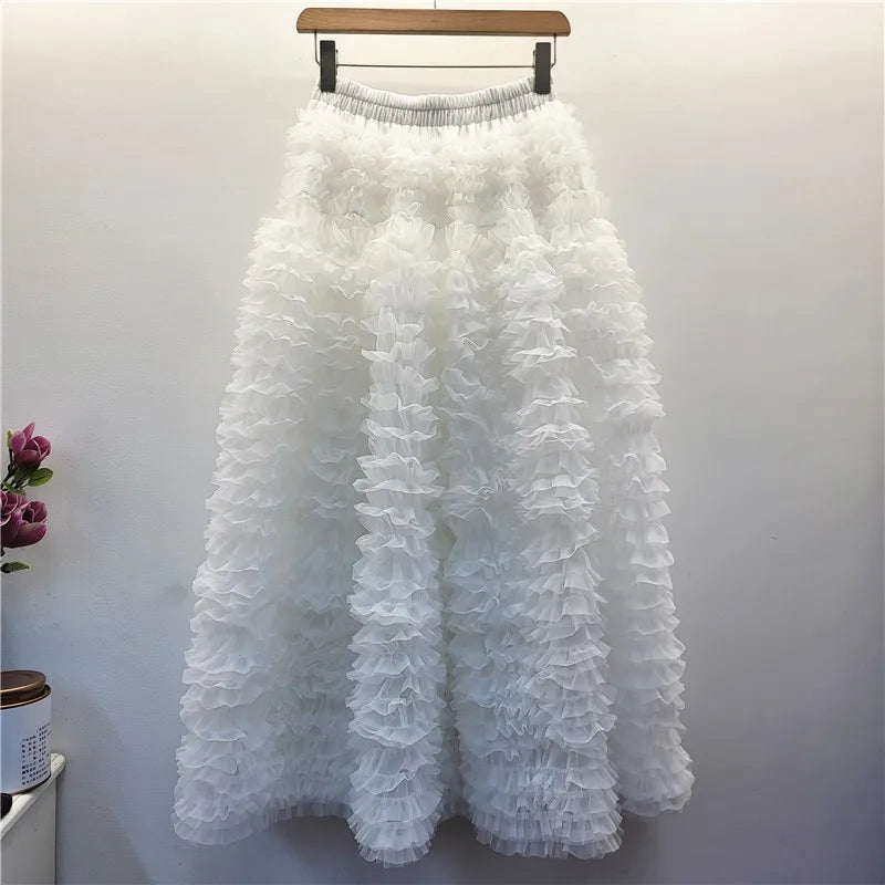 YEAE Summer New Sweet Girl Puffy Cake Skirt Women's Heavy Layer Mesh Design High Waist Kawaii Party A Line Mid-length Skirts