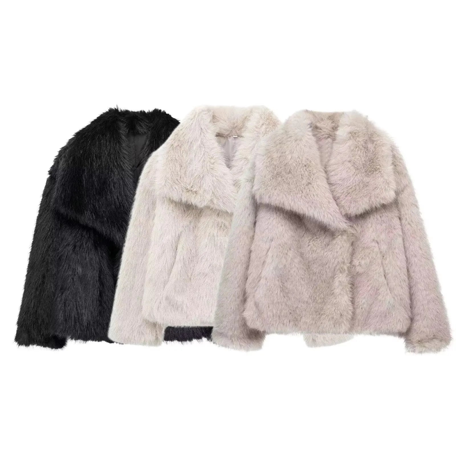 HH Women Fashion Faux Fur Jacket Vintage Turn-Down Collar Long Sleeve Coat Autumn Winter Woman Elegant Streetwear