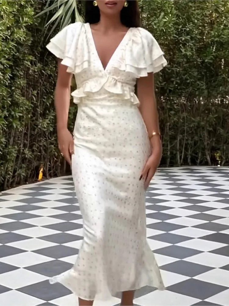Fashionable Temperament  Elegant Ruffled V-neck Slim Waist-hugging Dress Floral Print Trendy V-link Low Cut Vestidos Vacation