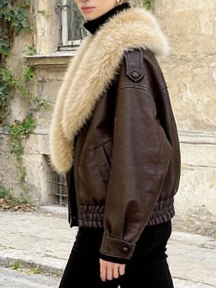 Fashion Removed Faux Fur Collar Causal Coat Faux Leather Jacket Grow Leather Jacket Women Loose Outwear Women's Bomber Jacket