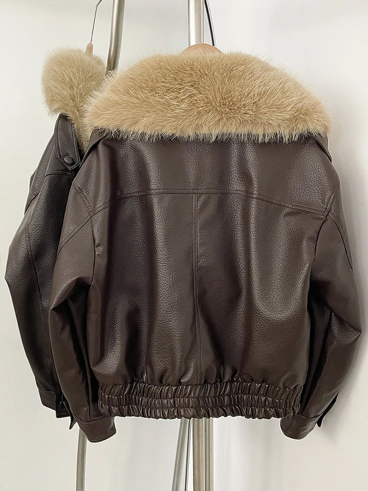 Fashion Removed Faux Fur Collar Causal Coat Faux Leather Jacket Grow Leather Jacket Women Loose Outwear Women's Bomber Jacket